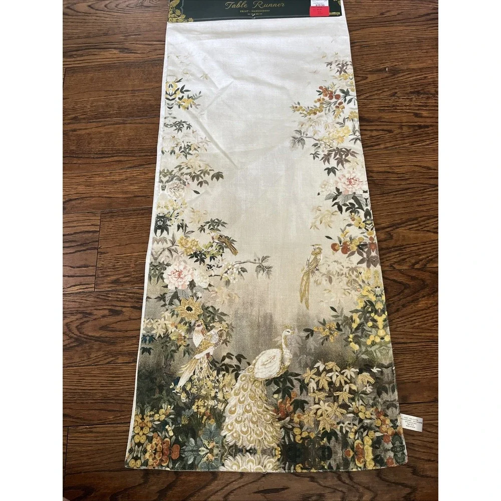 anatara Print Gold Embroidered table runner Floral Birds white peacocks 16 X 80